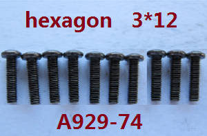 Wltoys A929 RC Car spare parts inner hexagon pan head screws 10pcs M3*12 A929-74