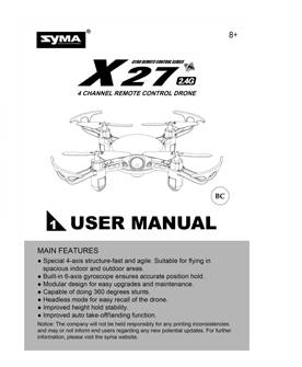 Syma X27 RC quadcopter spare English manual book